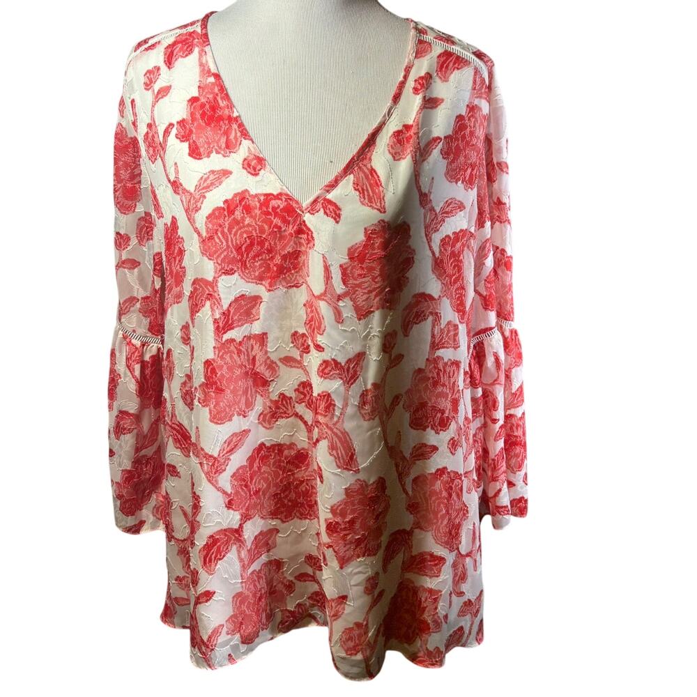 Adrianna Papell Red Pink White Flowy Lined Blouse Top Womens Size 14 Embroidered